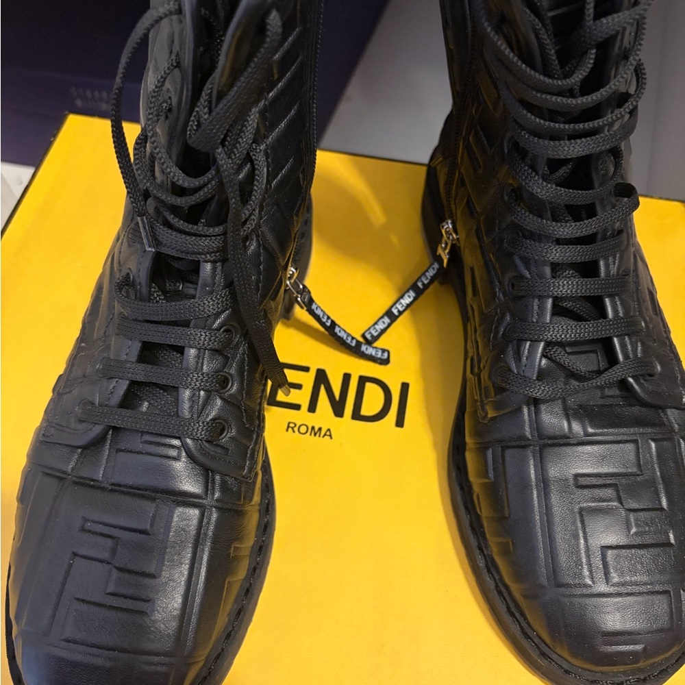 Fendi Black Embossed Leather Combat Boots